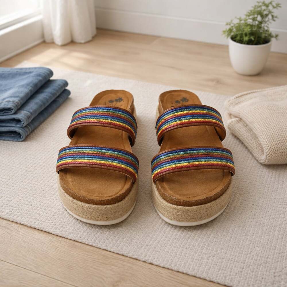 Jellypop Rainbow Strap Platform Espadrille Slides Sandals Womens 10M Boho